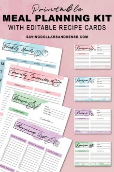 the printable meal planning kit with editable recipe cards is on top of a pink background