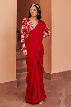 Red pre-draped ruffle saree in a solid base and tiered hem. Comes with sequin and pearl embellished  floral print blouse. - Aza Fashions Designer Red Pre-draped Saree With Ruffles, Red Bollywood Saree With Ruffles, Elegant Red Saree With Ruffles, Elegant Red Pre-draped Saree With Ruffles, Red V-neck Saree For Diwali, Ruffle Sarees, Ruffle Saree, Drape Saree, Floral Print Blouses