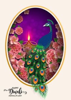 a peacock sitting on top of a flower filled field with a lit candle in the middle