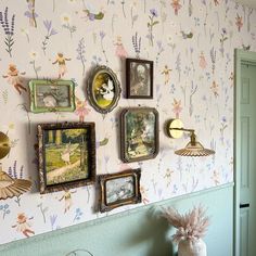 there are many pictures on the wall with flowers and birds in them, including one that is framed