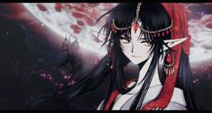 an anime character with long black hair and red eyes in front of a full moon