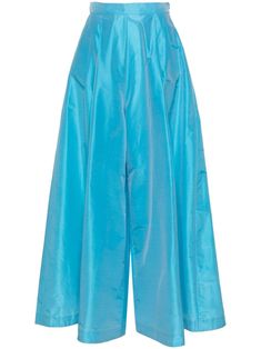 blue taffeta pleat detailing palazzo design mid-rise concealed side zip fastening two diagonal pockets to the sides wide leg Blue Satin Bottoms For Formal Occasions, Formal Blue Satin Bottoms, Blue Full-length Parachute Pants, Blue Wide Leg Pants For Evening, Blue Wide-leg Evening Bottoms, Blue Wide Leg Evening Bottoms, Evening Wide Leg Blue Bottoms, Blue Wide Leg Bottoms For Evening, Blue Silk Wide-leg Bottoms