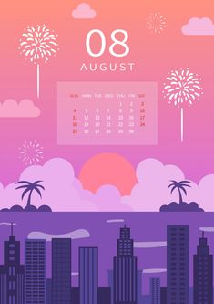 a calendar with fireworks in the sky above a cityscape and palm trees at sunset