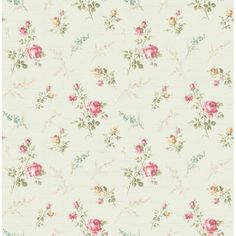 a white wallpaper with pink flowers and green leaves on the bottom half of it