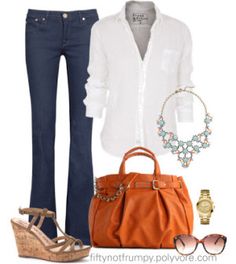 denimandwhite Pop Of Color Outfits, Orange Handbag, Color Outfits, Fifty Not Frumpy, Moda Chic, Women Magazines, Over 50 Womens Fashion, Good Style, Stitch Fix Inspiration