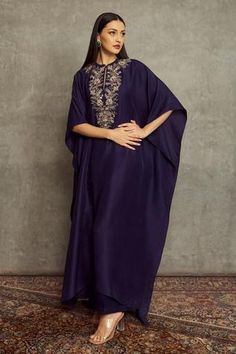 Shop for Jayanti Reddy Purple Dupion Silk Embroidered Kaftan And Palazzo Set for Women Online at Aza Fashions One Shoulder Kaftan Dress, One Shoulder Kaftan, Purple Kaftan, Kaftan Pattern, Jayanti Reddy, Embroidered Kaftan, Palazzo Set, Dupion Silk, Keyhole Neckline