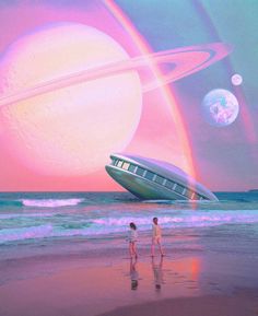 two people are walking on the beach in front of an image of a boat and planets