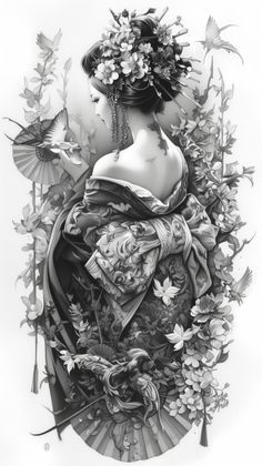 a drawing of a woman with flowers in her hair