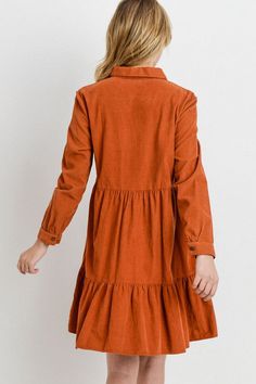 Tiered Corduroy Dress or Duster Rust 100% Cotton Corduroy Dresses Women, Long Sleeve Dress With Corduroy Collar For Spring, Fall Mini Dresses With Pockets, Cotton Dress For Workwear In Fall, Mini Dresses With Pockets For Fall, Brown Cotton Button-up Dress, Fitted Corduroy Dresses For Spring, Corduroy Dresses For Spring, Chic Fitted Corduroy Dress