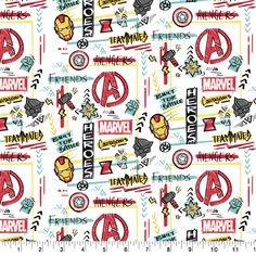 the avengers logo on white fabric with red, yellow and blue letters that spell out their name