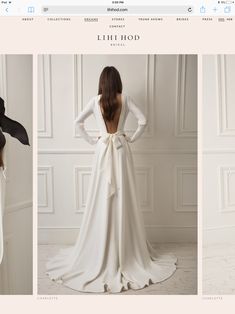 the back of a white wedding dress with long sleeves and a bow at the waist