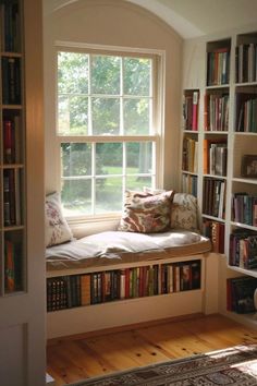 a window seat with bookshelves in front of it