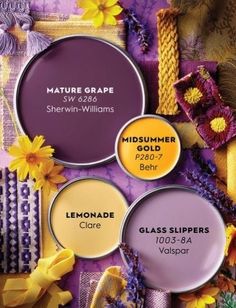 three shades of purple and yellow are featured in this advertisement