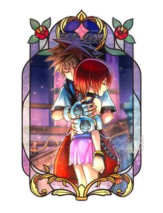 two anime characters hugging each other in front of a stained glass frame with flowers on it