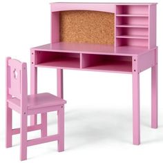 a pink desk and chair with a corkboard top