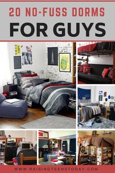 there are pictures of different beds and furniture in this room with the words 20 no - fuss dorms for guys