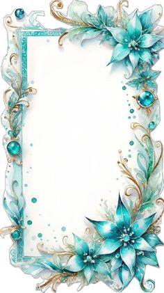 an ornate frame with blue flowers and leaves on it's sides, in the center is