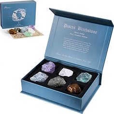 a blue box filled with different types of rocks in it's lid and inside