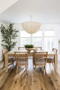 a dining room table with chairs and a potted plant on top of the table