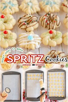 an advertisement for spritz cookies is shown in three different pictures, with the words spritz cookies on it