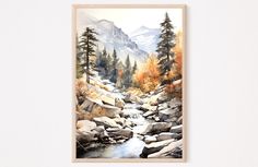 a watercolor painting of a mountain stream