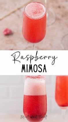 raspberry mimosa cocktail in two glasses with the text, raspberry mimosa