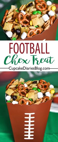 football chex treat in a paper bowl with pretzels and candy on top