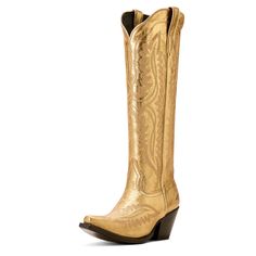 Gorgeous stitching, premium leather, and the knee height make our best-selling Casanova boot a showstopper wherever it goes. With the comfort you need for long nights boogying at country concerts and twirling on the dance floor, it'll turn heads whether you've paired it with cutoffs or your favorite summer dress. Casanova Western Boot | Product Features : 0 : ATS® technology provides ergonomic support on uneven terrain, 1 : Vegetable-tanned leather sole, 2 : Resoleable Goodyear leather welt cons Western Style Fitted Knee-high Boots With Leather Sole, Fitted Leather Knee-high Boots For Rodeo, Western Gold Heeled Boots, Gold Leather Knee-high Boots For Fall, Western Style Gold Heeled Boots, Gold Fitted Leather Boots, Fitted Gold Leather Boots, Gold Leather Fitted Heeled Boots, Gold Snip Toe Boots For Rodeo