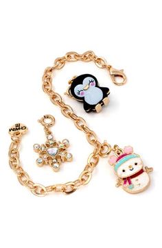 Winter-ready friends make this customizable goldtone charm bracelet a cute gift for your kiddo. Adult supervision strongly recommended; jewelry presents choking hazard and should be removed when infant or small child is unattended 7 1/2" length; 1/8" width Charms: 3/4" width x 1 1/4" drop Includes bracelet, penguin charm, snowflake charm and swivel snowman charm Goldtone plate/enamel/acrylic Imported Playful Gold Charms For Gifts, Playful Metal Jewelry For Gifts, Playful Metal Jewelry As A Gift, Playful Metal Jewelry Gift, Cute Jewelry With Removable Charms For Friendship, Playful White Jewelry With Charms, Friendship Novelty Charm Bracelet, Themed White Charm Bracelet Gift, Gold Themed Charm Bracelet