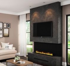 a living room with couches and a television mounted on the wall above it's fireplace