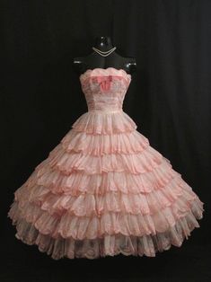 Pink Layered Dress, Prom Dress Inspo, Strawberry Pink, Vintage Dresses 50s