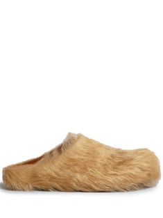 Sabot brushed leather slides from MARNI featuring chestnut brown, calf hair, calf leather, brushed effect, round toe, slip-on style and flat rubber sole. Marni Slides, Yellow Slippers, Hiking Men, Fur Sandals, Fashion Slides, Indoor Shoes, Womens Trainers, Clog Slippers, Designer Slippers