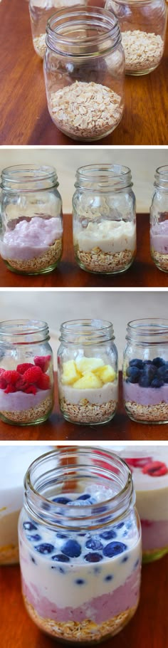 four different jars filled with food on top of a wooden table