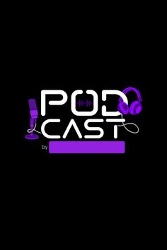 the logo for podcast with headphones and microphones in purple on a black background