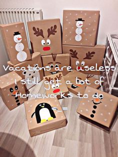 there are many boxes that have different designs on them, including penguins and snowmen