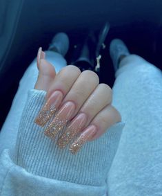 Nude Gold Acrylic Nails, Gold Bridesmaid Nails, Simple Nude Acrylic Nails, Long Healthy Nails, Nude Sparkly Nails, Nails Hoco, Bridesmaid Nails, Nail Simple, Nails Bride