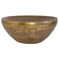 a large brass bowl with a wooden top on a white background for use as a table or centerpiece