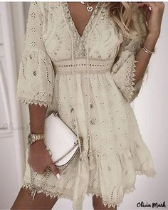 OliviaMark - Exquisite Ivory Hollow Out Fringed Embroidered V-Neck Dress Boho Mode, White Lace Mini Dress, Summer Wedding Dress, Palau, Vanuatu, Lace White Dress, Sierra Leone, Party Dresses For Women, Lace Mini Dress