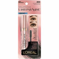 L'Oréal Paris ~ Voluminous Lash Paradise Mascara Waterproof Blackest Black 204 Take your lashes to paradise! Our 1st mascara for voluptuous volume & length. Soft wavy bristle brush holds maximum formula for a dramatic volumizing charge. 200+ bristles catch every lash for a full fringe effect. Smooth glide formula provides silky volume in one coat. Lashes are feathery soft to the touch.  - Voluptuous Volume and Length - Full Lash Fringe, Feathery Soft - Soft Wavy Bristle Brush - Smooth Glide Form Lash Paradise Mascara, Paradise Mascara, Full Eyelashes, Smudge Proof Eyeliner, Voluminous Mascara, Lash Paradise, Blackest Black, Full Lashes, Fiber Lash Mascara