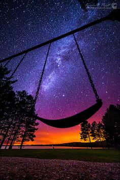 a hammock hanging from the side of a tree under a night sky filled with stars