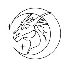 the head of a dragon in a circle with stars on it's side, outline drawing