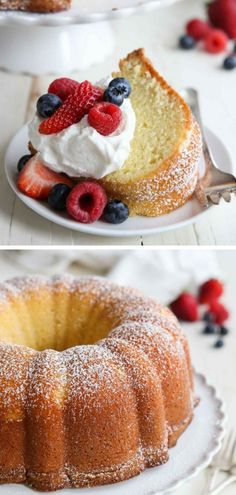 two pictures of a bundt cake with berries and whipped cream on the top one has a slice taken out