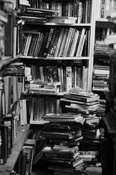 black and white photograph of books on shelves in a book store, with one shelf full of books