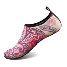 a women's shoe with pink and white paisley print on the outs, side view