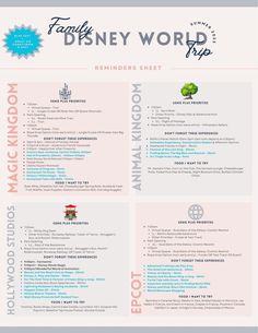 the disney world trip poster is shown in pink and blue