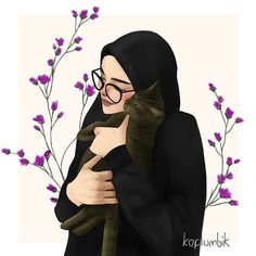 a drawing of a woman holding a cat in her arms with purple flowers behind her