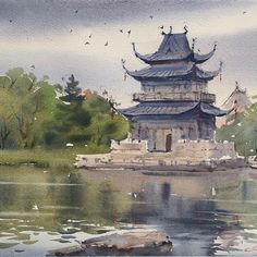 a watercolor painting of a pagoda in the middle of a lake