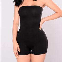 Never Worn Black Strapless Tube Top For Spring, Casual Black Tube Top For Night Out, Chic Black Strapless Tube Top, Black Bandeau Tube Top For Night Out, Black Stretch Strapless Tube Top, Casual Black Tube Top For Party, Black Tube Top For Night Out, Black Strapless Tube Top For Night Out, Tan Jumpsuit