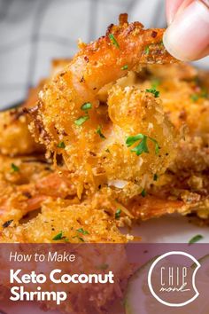 someone is holding up some food on a plate with the words how to make keto coconut shrimp