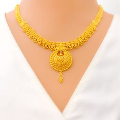 This 22k gold necklace set features a traditional laced paisley design, showcasing timeless elegance and intricate craftsmanship. Weighing 32.2 grams, the set is crafted from radiant yellow gold, with a 16-inch necklace that includes 1.75-inch adjustable links and a secure hook lock. The matching earrings, 1.6 inches in length, are equipped with screw-back posts for secure wear. The classic paisley motifs, combined with the delicate laced design, make this set perfect for those who appreciate th Yellow Gold Kundan Necklace With Intricate Design, Diwali Gold Plated Necklace With Intricate Design, 22k Gold Yellow Necklace For Wedding, Formal 22k Gold Kundan Necklace With Intricate Design, 22k Yellow Gold Necklaces For Diwali, Yellow Gold 22k Necklace For Diwali, 22k Yellow Gold Temple Necklace With Intricate Design, 22k Yellow Gold Necklace For Diwali, Gold Plated Temple Necklace With Intricate Design